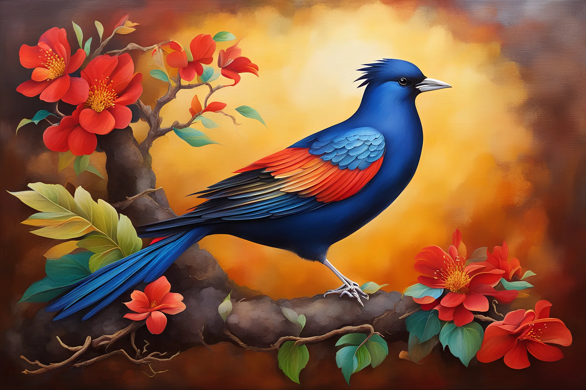 Create a painting of mysterious fortune Bird for wealth and busines growth, earthen background, vibrant rich dark colors