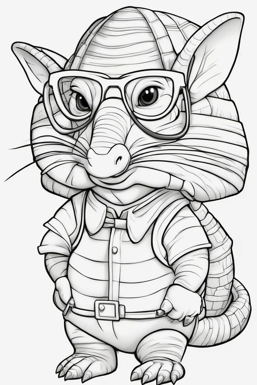 Outline art for cute coloring pages with armadillo with glasses, full body, white background, sketch style, only use outline, clean line art, no shadows and clear and well outlined.