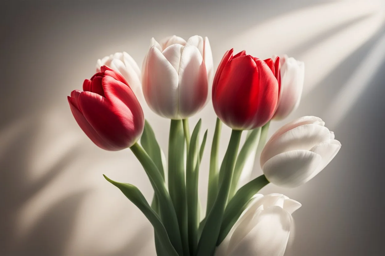 photorealistic 3 red tulips above and 2 white tulips down in a bouquet, soft lighting, sharp focus, rough edges in sunshine