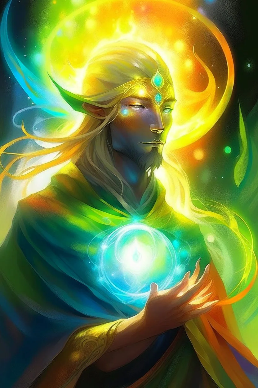 prismatic hair ethereal transparent prism astral projection Eladrin Male antlers druid beard sparkling radiance prismatic shining starlight enshrouded glowing hot sunlight warm