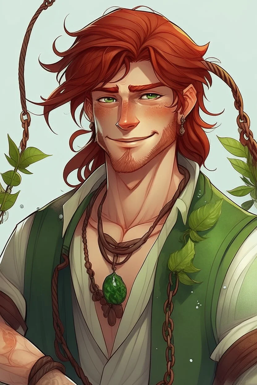 hopeful wet pirate nereid male with auburn hair and seaweed