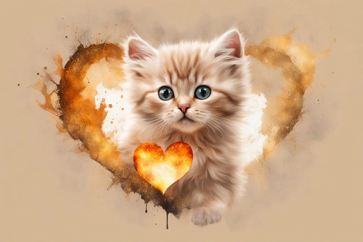 double exposure, merged layers, fluffy beige kitten with dynamically blazing fire in ochre, ink splatter art, watercolor and ink, golden glitters, double exposure heart and love