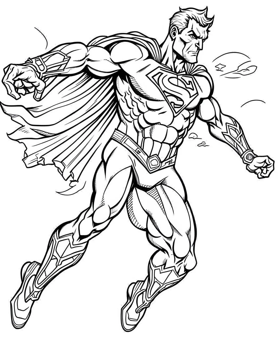 real massive Superman fly, coloring page, no leaves, full body (((((white background))))), only use an outline., real style, line art, white color, clean line art, white background, Sketch style