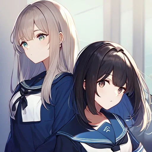 High quality, Detailed, 2girls, looking at eachother very angrily, both wearing a sailor uniform