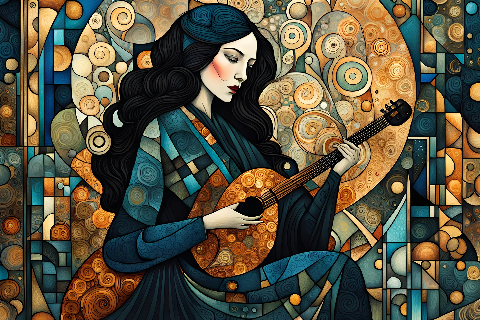 create an abstract cubist, highly ethereal, darkly magical full body illustration of a deeply sorrowful, woman with guitar, with highly detailed and deeply cut facial features, in the style of GUSTAV KLIMT, PABLO PICASSO, EDWARD BURNE-JONES, WILLIAM MORRIS, and KATHE KOLLWITZ combined with the comic art style of BILL SIENKIEWICZ and JEAN GIRAUD MOEBIUS, searing lines and forceful strokes, precisely drawn, boldly inked, and darkly colored