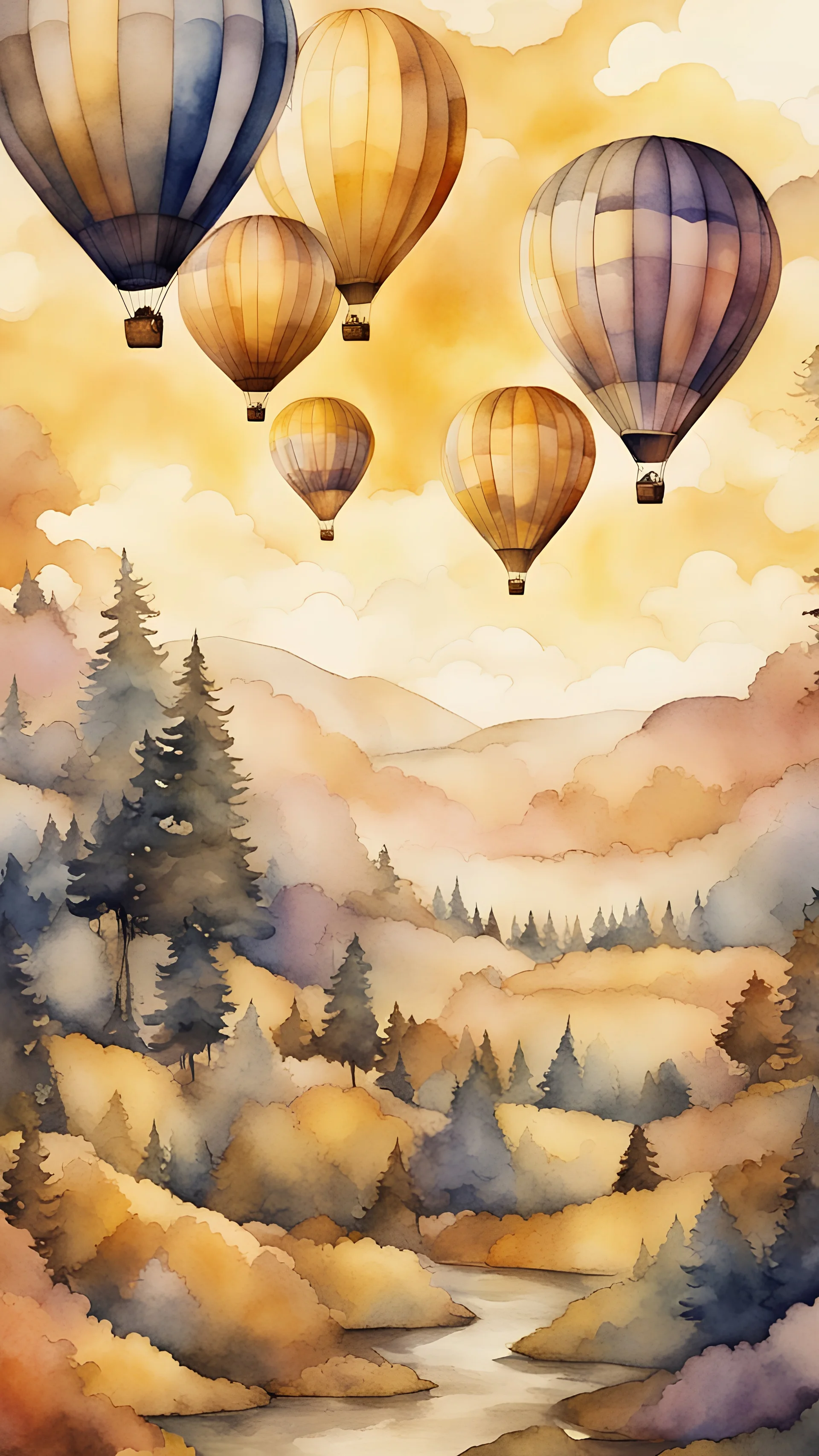 Hot air balloons fly in the warm yellow sky, and the annual hot air balloon feast above forest fantasy style, watercolour