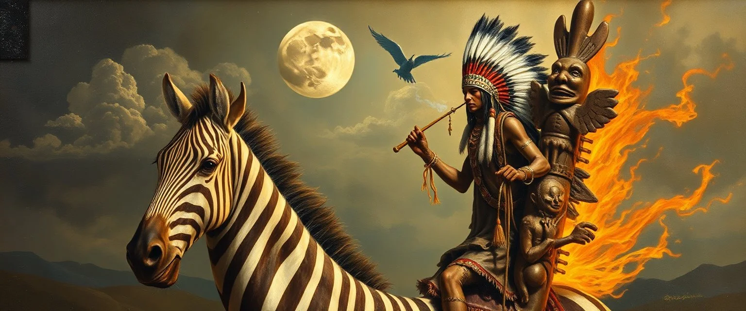 master oil painting by Rembrandt, good afternoon clay moon chill hyper bigger than life close up on a zebra dream smoking trickster golem peeking out of a sand twister whirlwind cocoon, all inside a bottle, and a big indian with mohawk and a totem