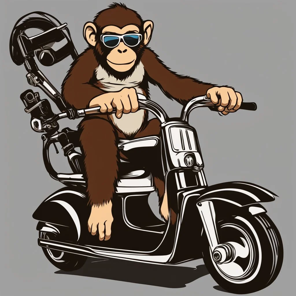 Monkey riding on a scooter making a wheelie with sunglasses on, cartoonize, logo