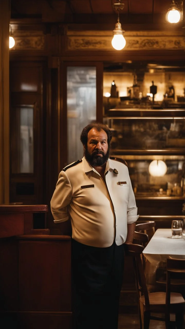 half figure shot photography of a 48 years old serious sicilian waiter in uniform, similar to Bud Spencer, bearded chubby man with hands in the pockets, in an empty restaurant, bulge, bullneck, manly chest, unshaved, short hair, photorealistic, dim light , side light, view from the ground