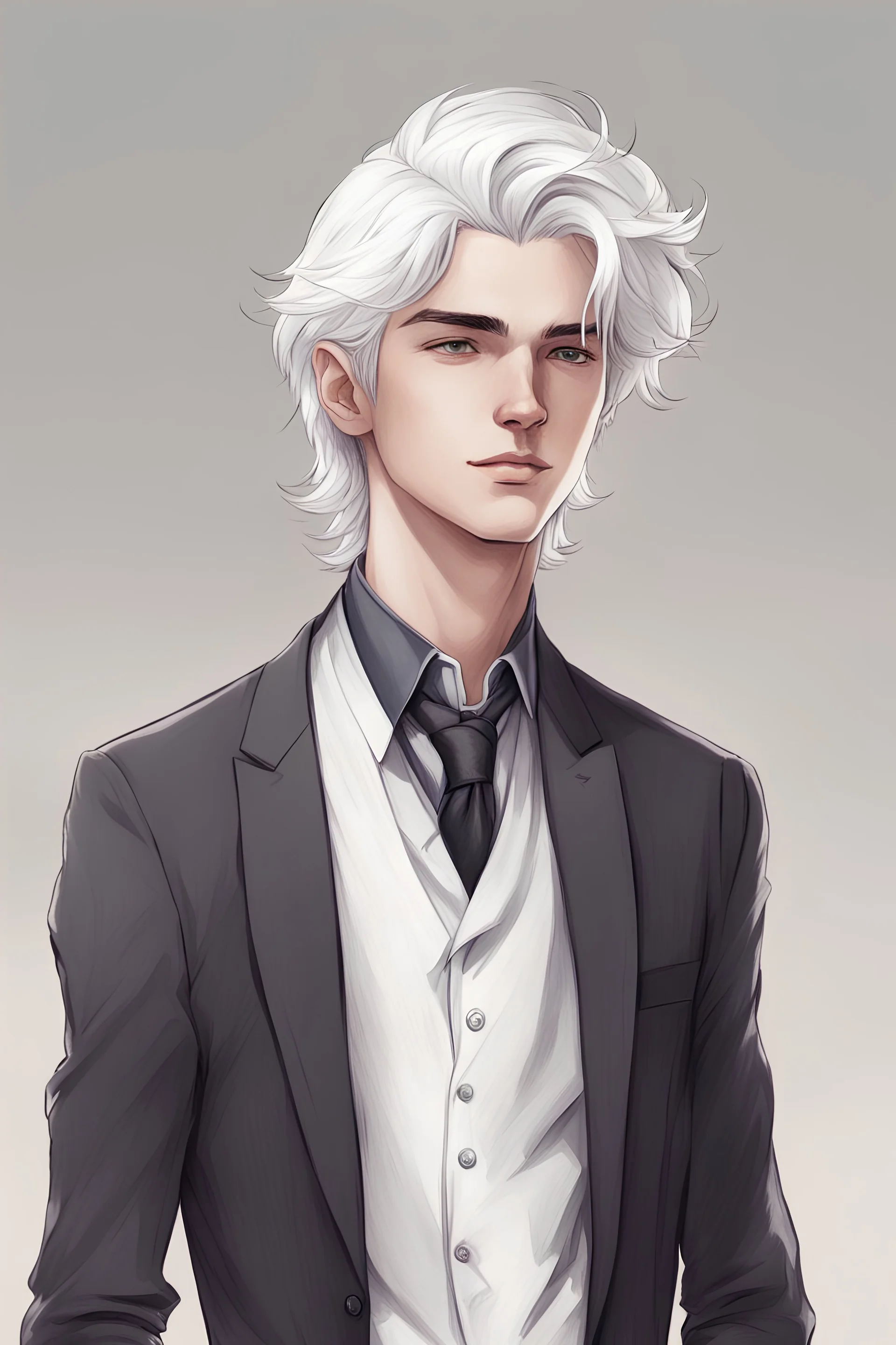 A drawing of a white haired 22 year old male wearing a formal outfit