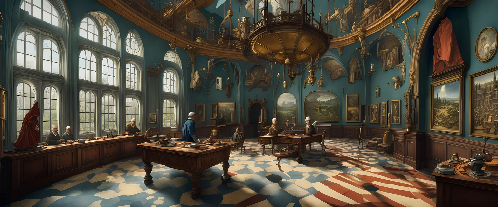 Inside a large house (designed by 'M C Escher') walk 'Hieronymus Bosch'and 'Salvador Dali'. They look confused. Ultra high detail, photoreal, epic cinematic, 8K, Large depth of fie