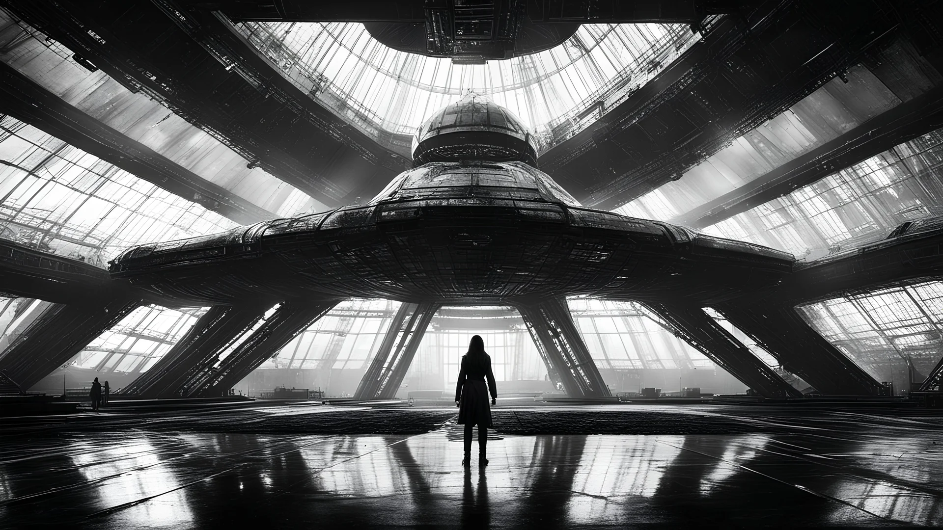 dark, wet, mysterious gigantic old futuristic sci-fi hangar, very high ceiling, girl looking at spaceship landing, photographic, black and white