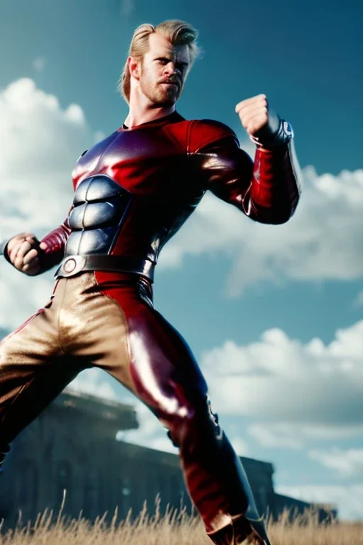 retro portrait image from 1960, sky background, wind, extra long blonde hair, fighting stance, young Chris Hemsworth, clean shave face, black dress, classic long tight lycra black suit, 2 steel disc in busty, big red cap, silver latex with scales on the arms, gold bracelet and belt, high boots, soft color, highly detailed, unreal engine 5, ray tracing, RTX, lumen lighting, ultra detail, volumetric lighting, 3d, finely drawn, high definition, high resolution.