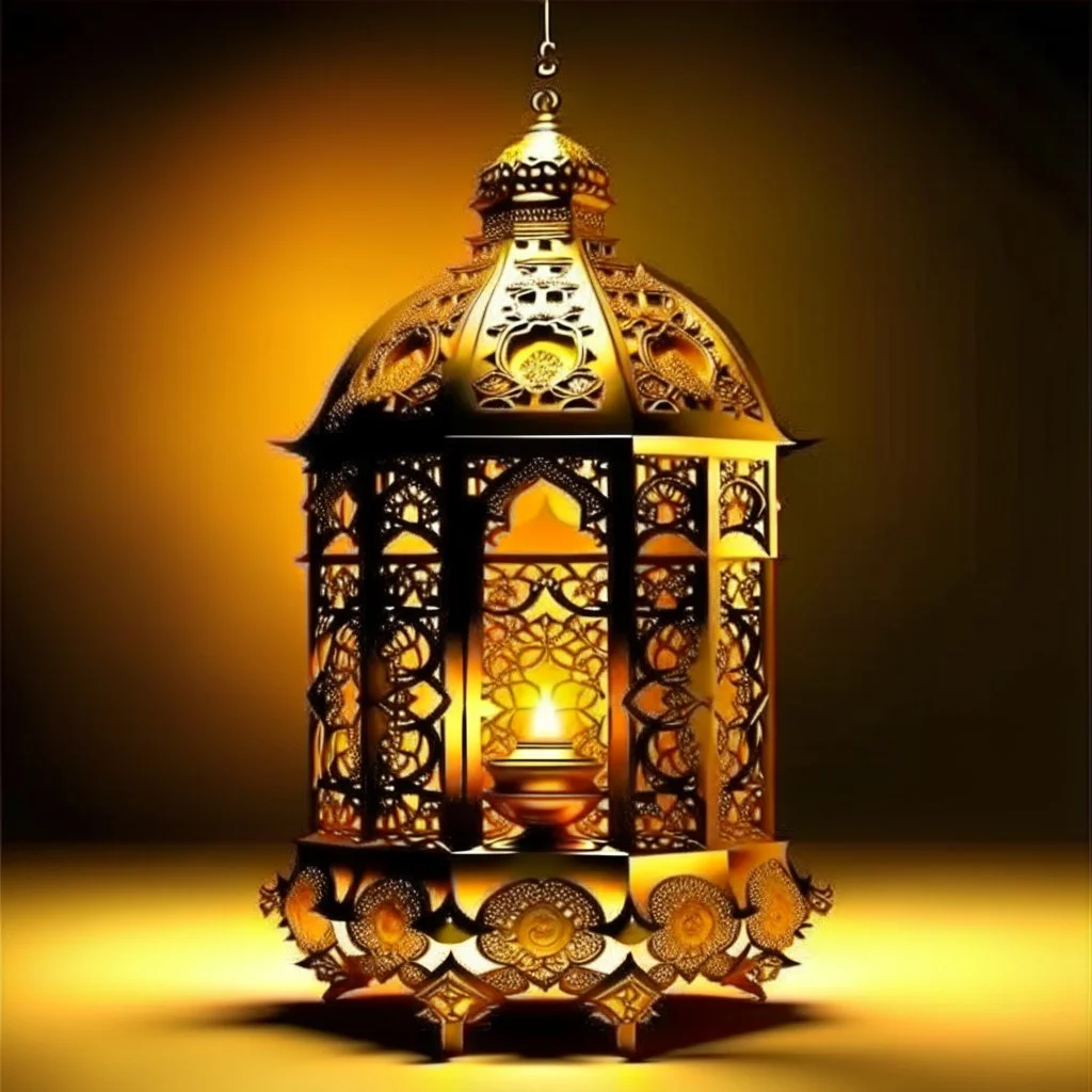 A large golden Ramadan lantern in a place like paradise. From the lantern emerges golden, juicy, amazing, fantastical dates