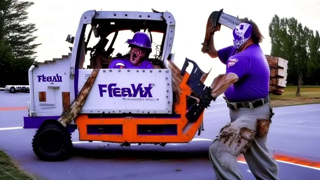 fedex driver using giant chainsaw as texas chainsaw massacre guy