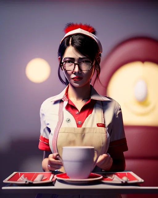 waitress woman with Sesame Street muppet big mask, concept art, retro style, smooth, unreal engine 5, god lights, ray tracing, RTX, lumen lighting, ultra detail, volumetric lighting, 3d.