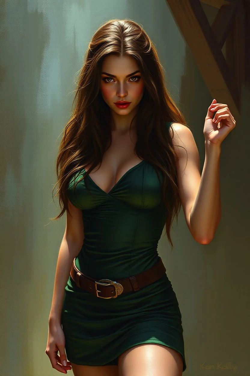 Young Liv Tyler as alluring Arwen in a green short tight dress, tempting posing, a detailed expressive painting by Ken Kelly, deviantart, movie still, reimagined by industrial light and magic