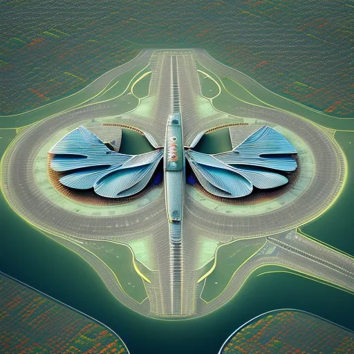 Vista aérea simétrica de un aeropuerto en forma de mariposa, espectacular, impactante, calidad ultra, maximalista, 8k 3D