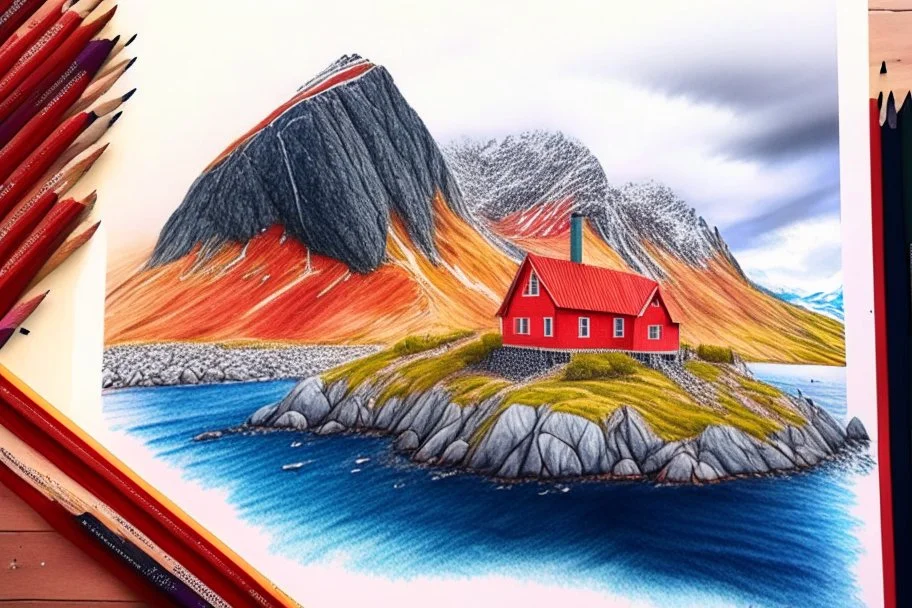 Colored pencil drawing, of the colorful nature of Lofoten Island in Norway, with a characteristic red houses, Ultra Realistic, ultra HD