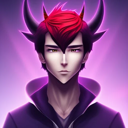 Anime profile picture of man with short black hair with red streaks, with purple dragon horns on top of his head, looking mischievous