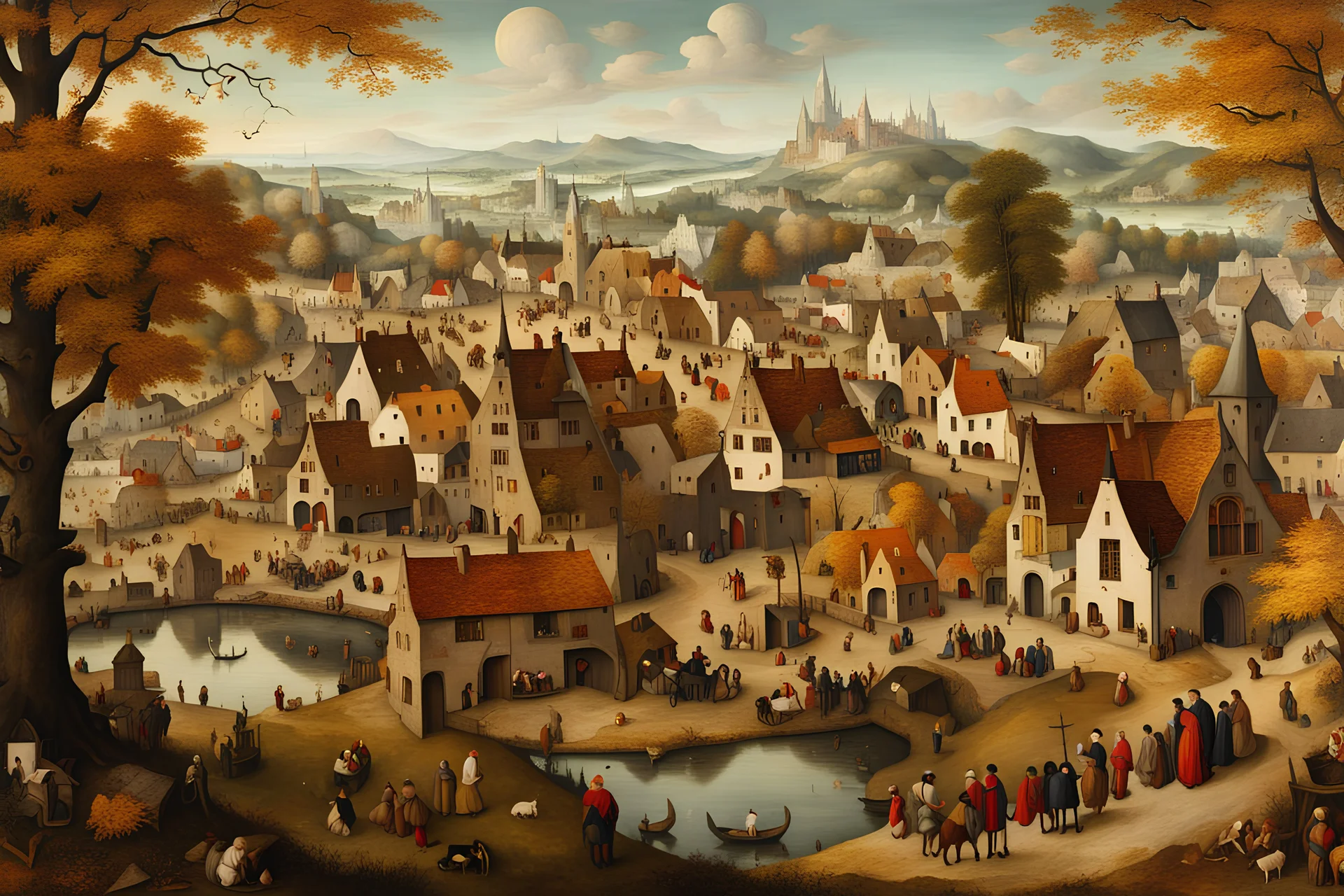 a placid Dutch Renaissance era village during the autumn equinox, highly detailed, painted in the style of Pieter Brueghel the Elder and Hieronymus Bosch, aged canvas, craquelure finish, archaic masterpiece, 4k