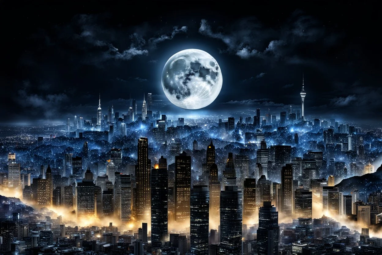 one big mystic full moon over the city, dark night, high detailied , high realistic, high qulity, stunning, perfect photo