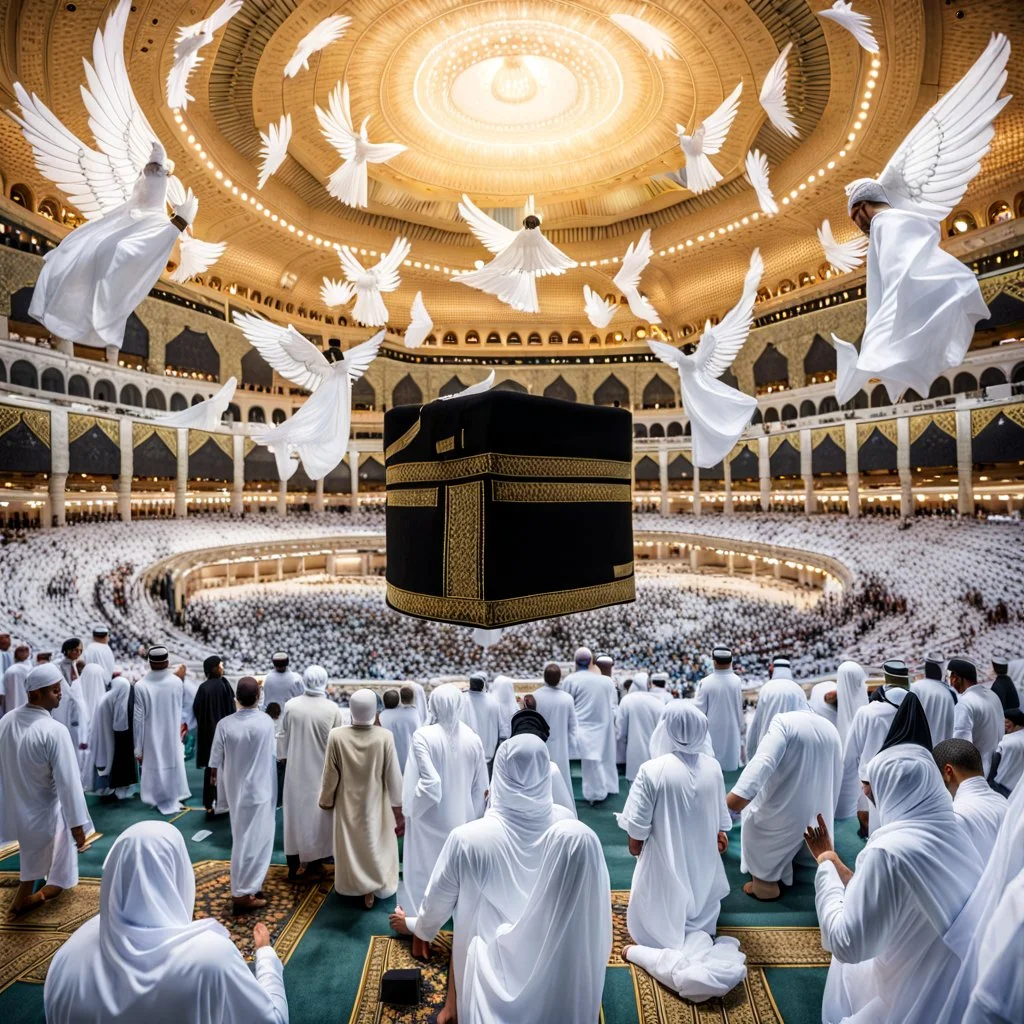 The scene in Mecca: People wearing white Ihram clothes, men without head coverings, women with veils, circumambulating around the Kaaba, and above them are transparent white spirits of children, men, and women with wings revolving around the Kaaba.