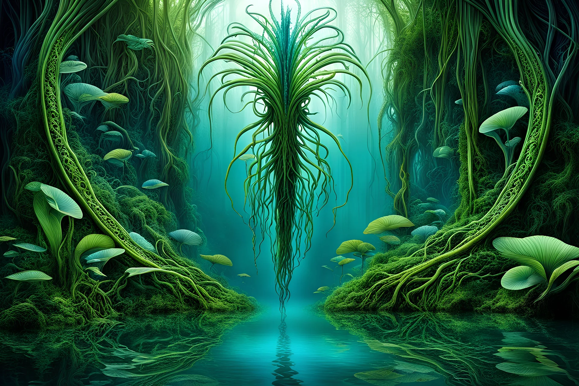 Ecological Art, plants, floating earths, long leaf tendrils, green colors and shades, blue waters, mitical human-plants mutant ecocreatures living fascinating in stunning alien flora, intricate details, sharp focus, filmy , surreal, frighteningly beautiful, perfect stunning composition