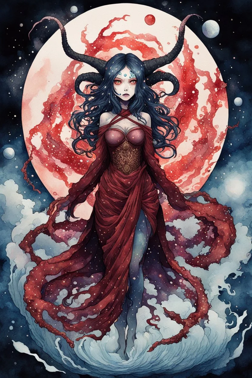 Demon girl wizard behind, cosmic horror, nightmare, galaxy in eyes with dread, truth, alien underwater, fullbody, watercolor illustration by <Katsushika Hokusai>, darkred tones,