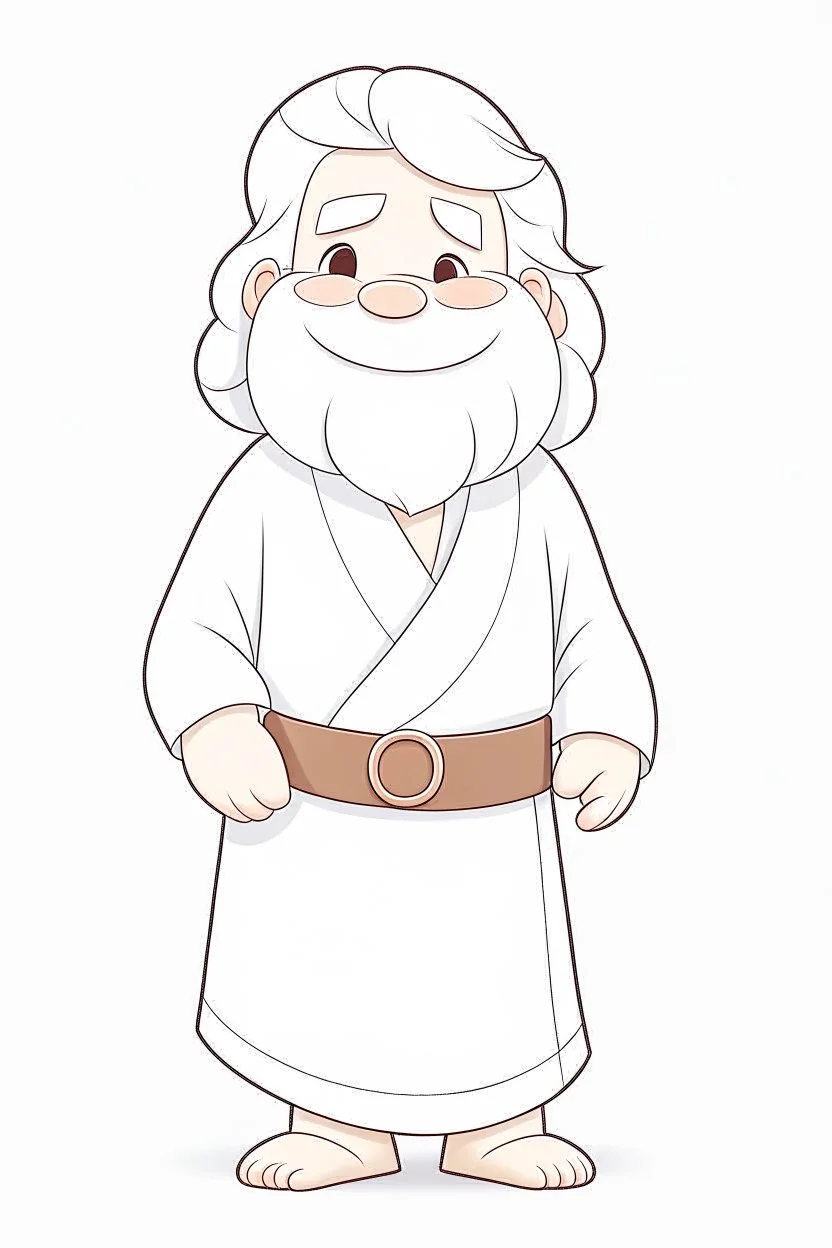 Disney style, white hair, white skin, white beard, coloring book, minimalism, simple lines, white background, STICKER, WHOLE BODY, A CUTE JESUS CHRIST, WAVY HAIR, BEARD, COVERING THE WHOLE BODY WHITE LONG TUNIC, LIGHT DOWN, HAPPY face , A detailed illustration, in the style of Studio Ghibli, 3D vector art, cute and quirky, fantasy art, Adobe Illustrator, hand-drawn, low-