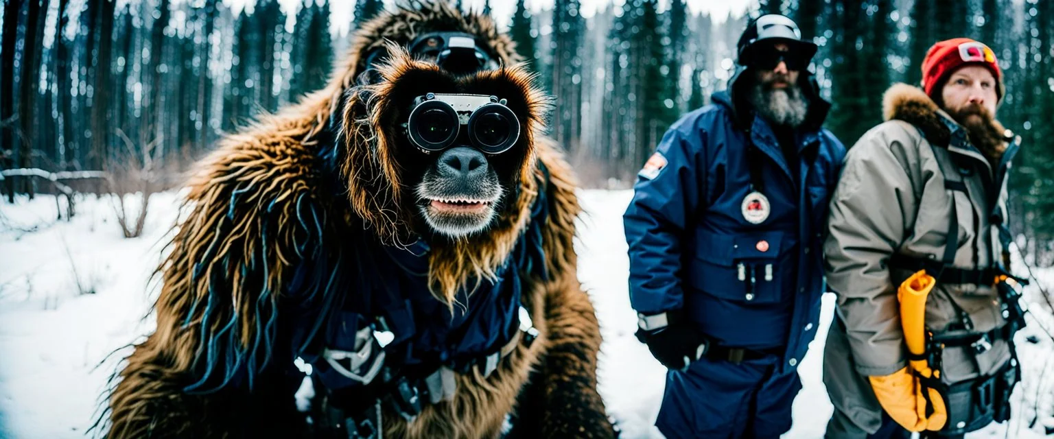 close up documentary photography, Baby Yeti, young curious Bigfoot, scientist, Dystopian, Hyper detailed, realistic fur, Japanese, Extreme depth of field, bokeh blur, winter, blizzard, Alberta, all-natural, in the style of candid, imperfection, natural lighting, Professional shot, shot on Agfa, Fuji Film, as if through the lens of a vintage Panavision camera, 1990s, --ar 4:5 --w 150 --style raw