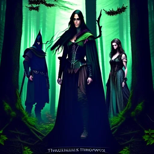 A group of four characters from a fictional book world. A witch, a gladiator, a thief, and an enchanter. The characters are in a dark forest. The characters are shrouded in mystery.