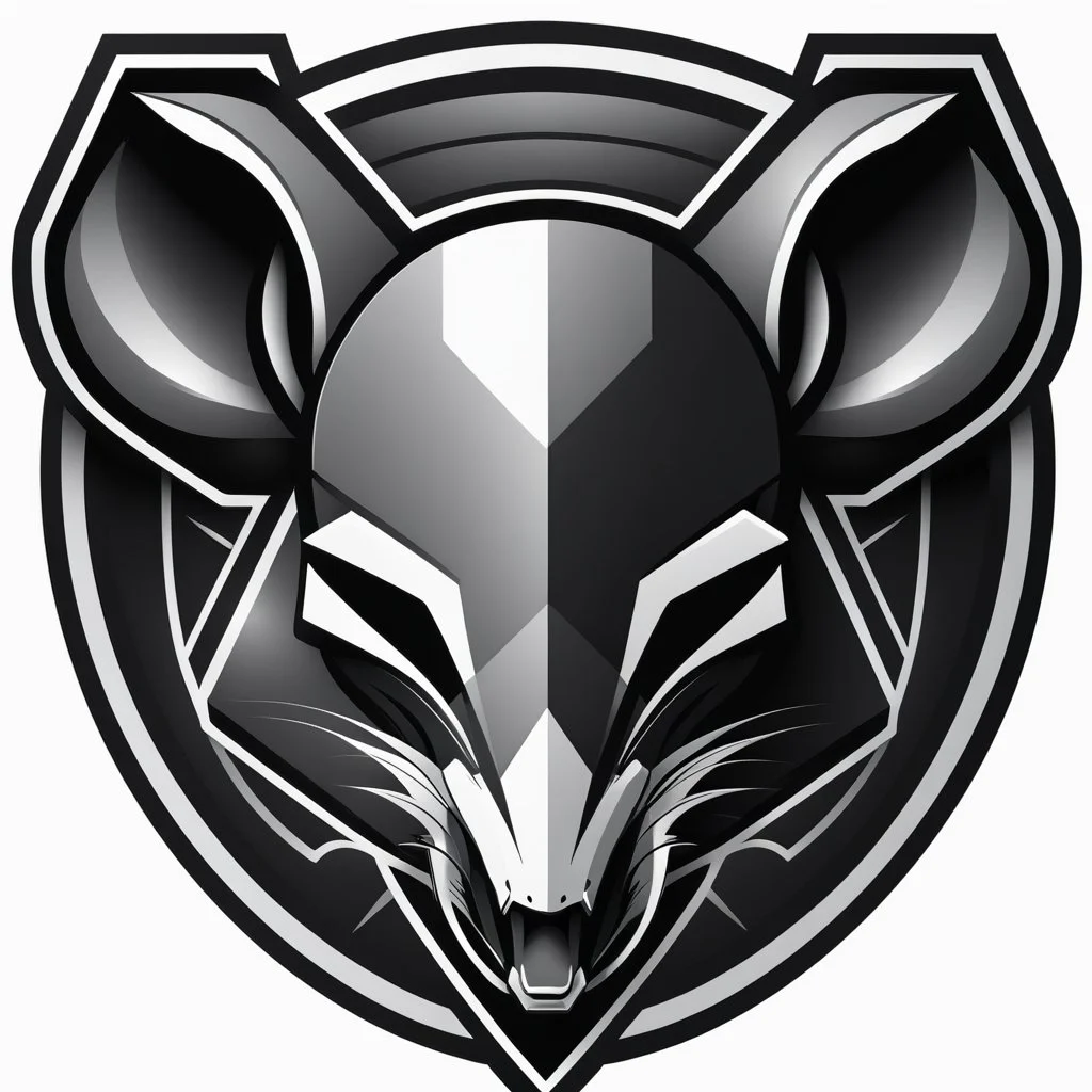 dead mouse's face logo on a triangular shield shape, vector(black white and gray)