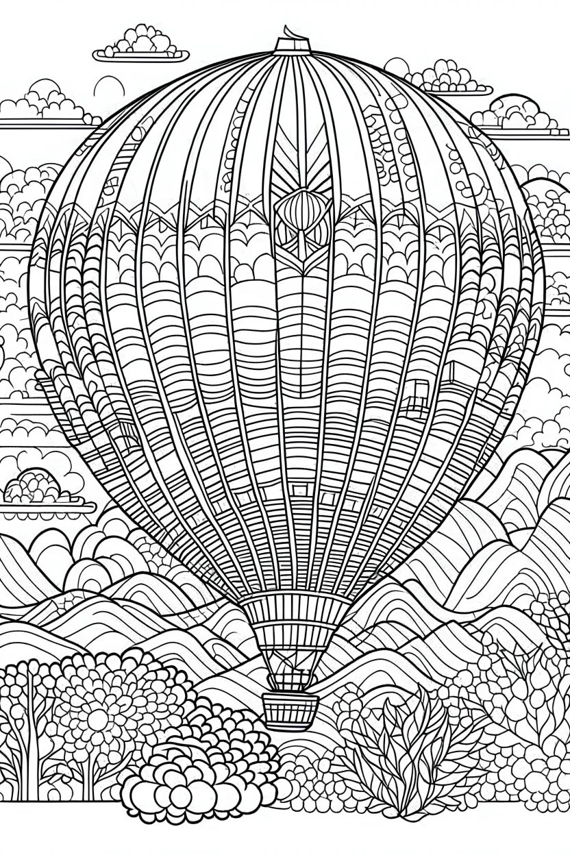 A colorful hot air balloon festival.coloring book page, simple and clean line art, adult drawing book, black and white, crisp black lines, no shades, sharp lines, coloring book for adults, cartoon style, landscape