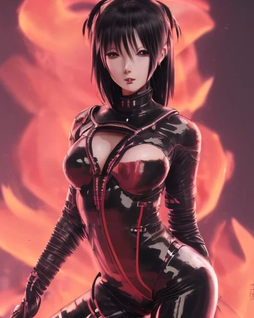 Detailed cute anime Kunoichi female demon looking behind her in a fire, black latex bodysuit, intricate details, full body portrait, keep head in frame, slight smile, black Japanese motif, concept art, highly detailed, digital painting, concept art, sharp focus, illustration, art by Yoji Shinkawa, WLOP and greg rutkowski and alphonse mucha and artgerm and yanjun Chen and Junji ito and Makoto Shinkai, HDR, octane render