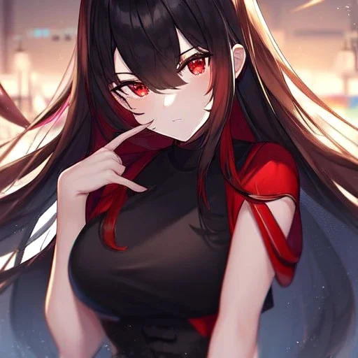 Clear focus,High resolution, black long hair, Vibrant red eyes, Emo style, Black skirt, wearing a black shirt sleeveless, Wearing black and red cutsleeves, Hand near chin