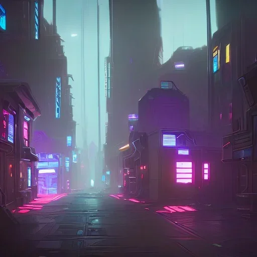 cyberpunk slums houses scifi alleyway neon lights robot ship