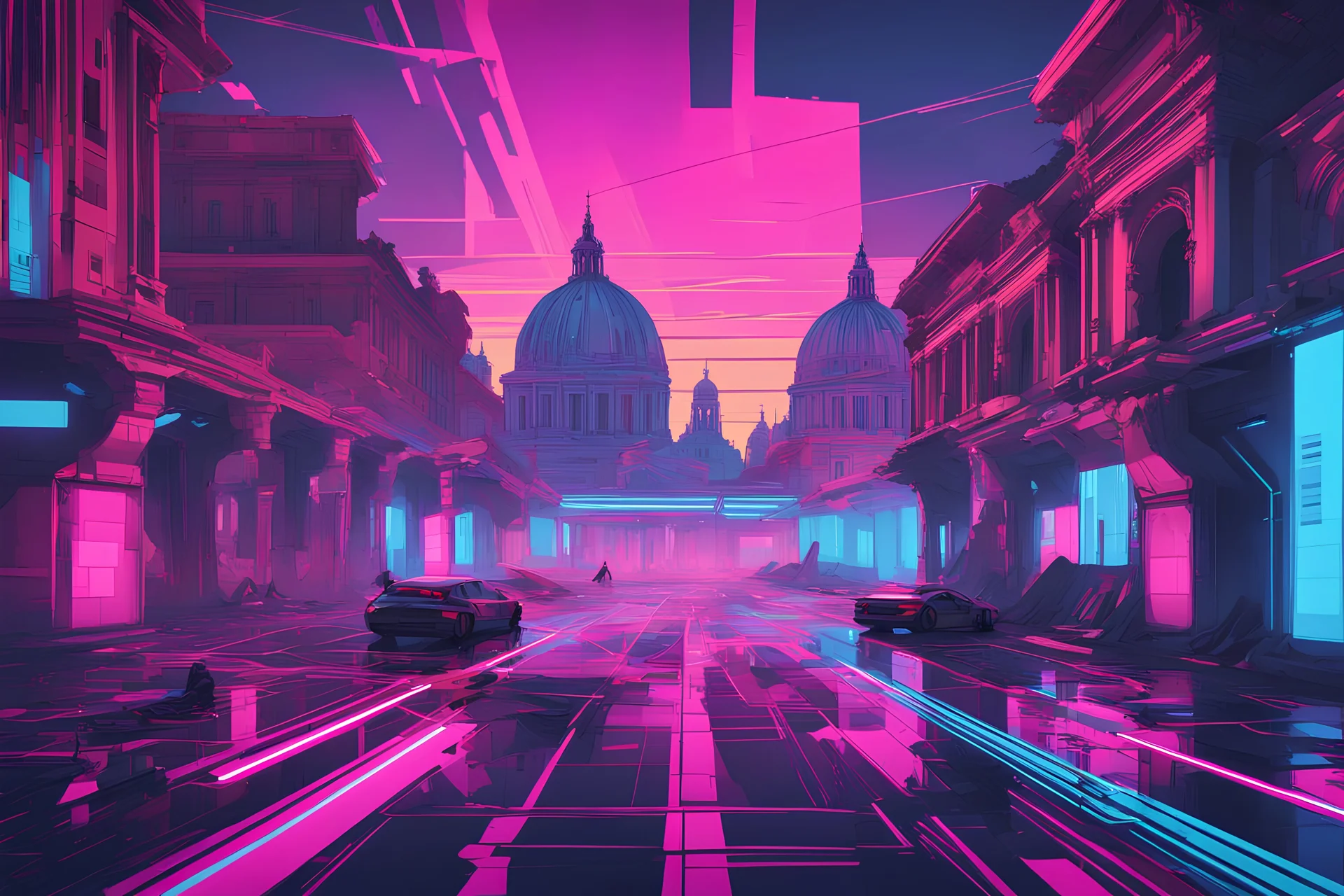 A futuristic vision of Rome transformed with neon lights and historical architecture, reimagined in a cyberpunk style with the influence of constructivist glitch art. Blending past and future with digital abstraction.