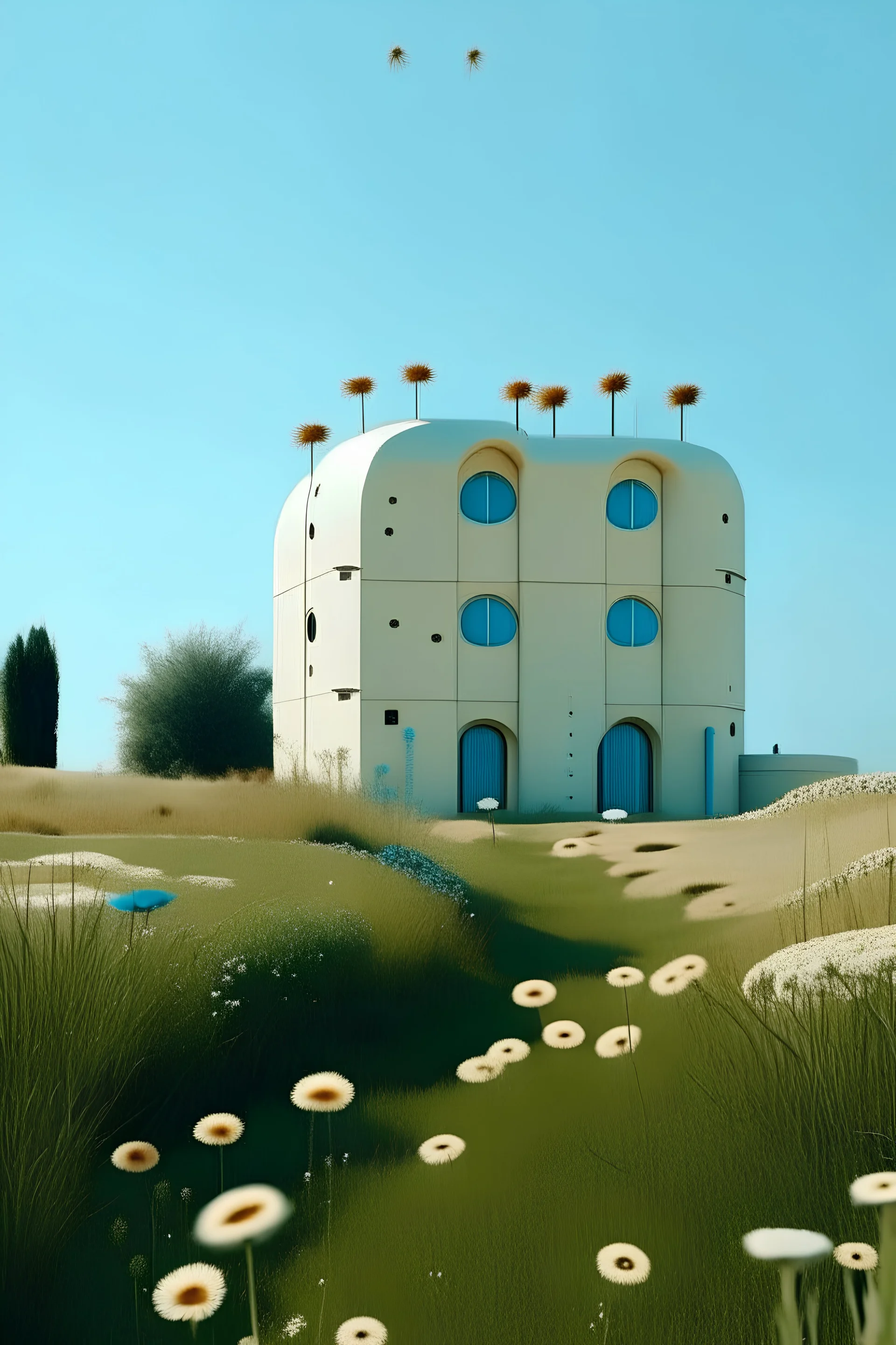 minimal building with cream walls and little light blue windows a little bit look like space ships in star wars movie and also the wild flowers in the some parts of the facades