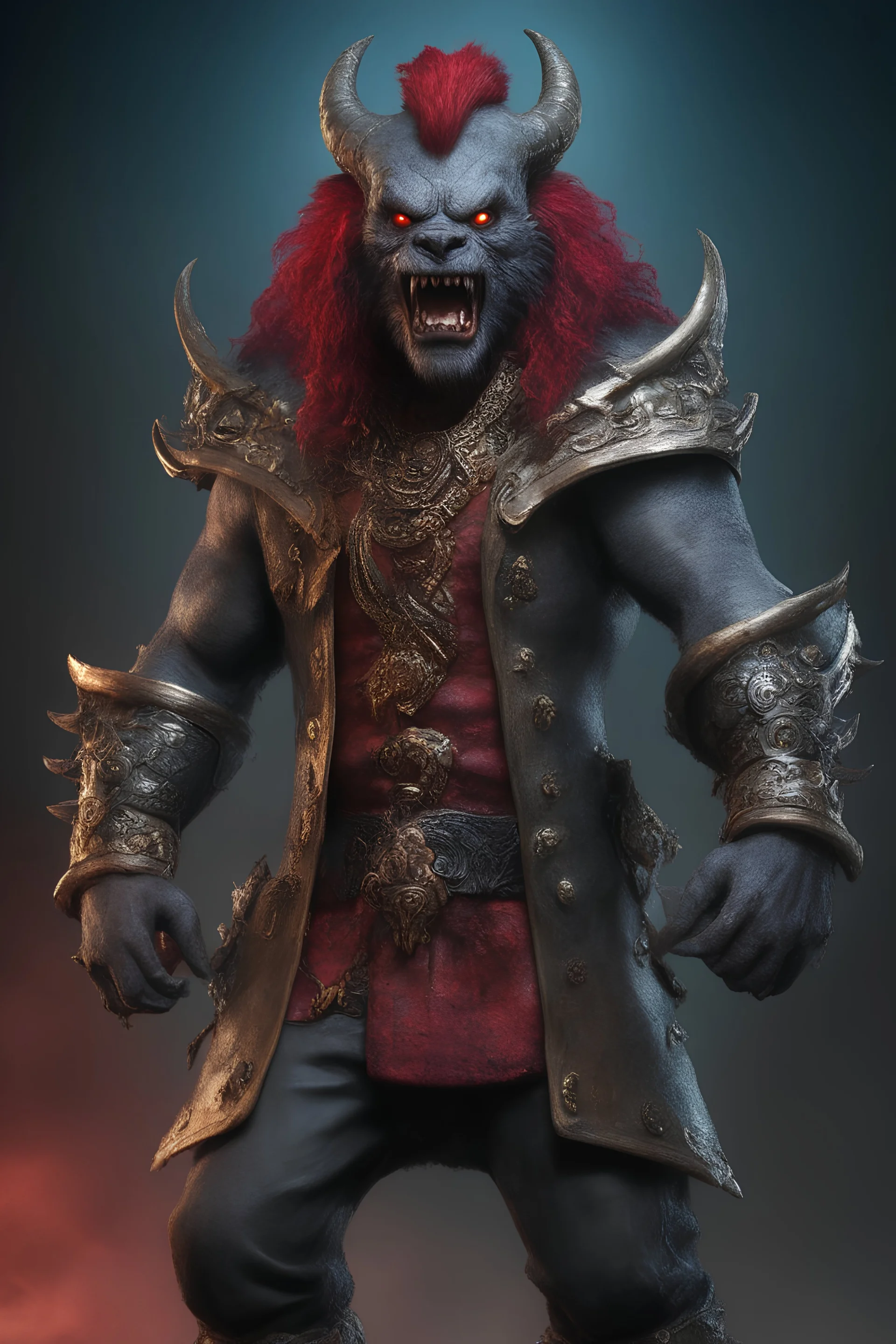 full body, head to toe, 3D, Flash Lambert the third, the anthropomorphic black Chinese Indian werewolf emperor zombie kraken with Long wavy, curly (((red hair))), resembles Elvis Presley - full color - 32k, UHD, 1080p, 8 x 10, glossy professional quality digital photograph - dark foggy gradated background, historic, powerful, octane rendering, exquisite detail, 30 - megapixel, 4k, 85 - mm - lens, sharp - focus, intricately - ((skin details, high detailed skin texture