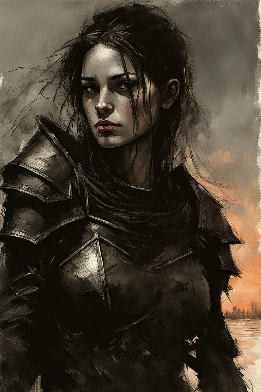 A formidable warrior girl in black armor, on the background Amazing gloomy landscape, flooded with sunset, mountains, trees, fabulous scary hero, , juicy emotions, painting, dark fantasy, gloomy day, dark world, portrait, A Quick Pencil Sketch Of A Portrait Of A 20 Years Old Woman; By Alex Maleev