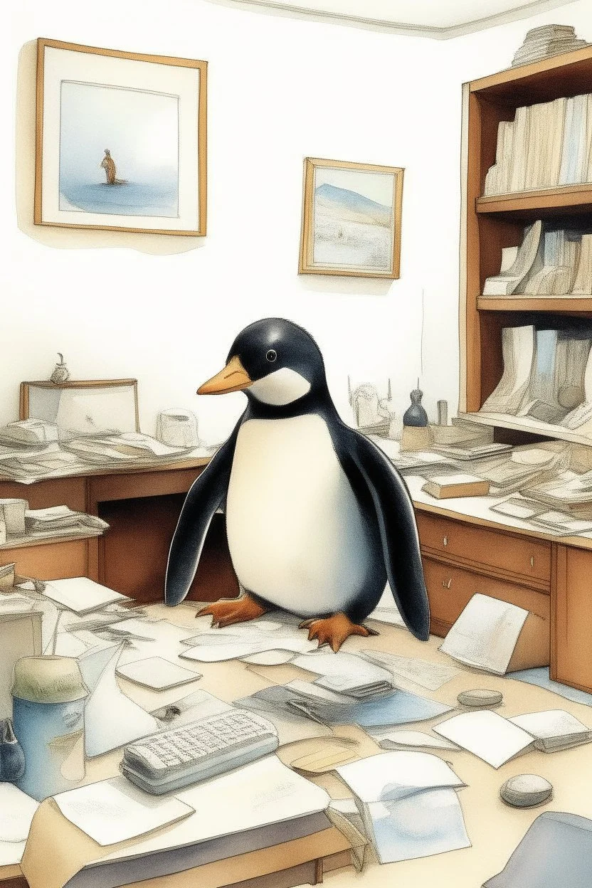 a penguin is an investor in 1990 office, watercolor. money everywhere