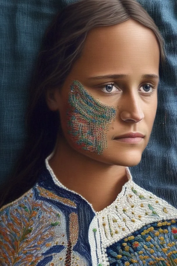 Hand sewn and embroidered Alicia Vikander, threads, sewing needles