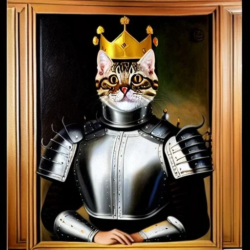 oil painting of a beautiful symmetrical cat with armor,wearing crown XV century, by El Bosco, Leonardo da Vinci, Goya 8k