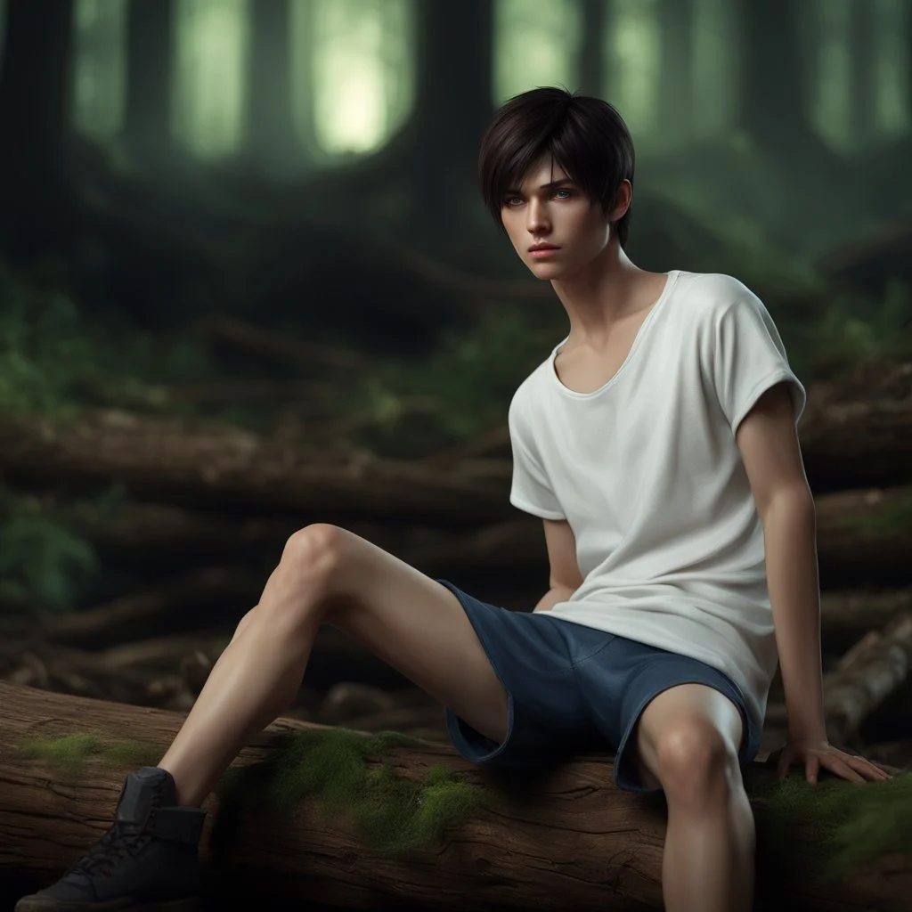 thin 17 year old male with short dark hair and blue eyes wearing a ripped and dirty white teeshirt sitting on a log , photorealistic, 4k, dark fantasy