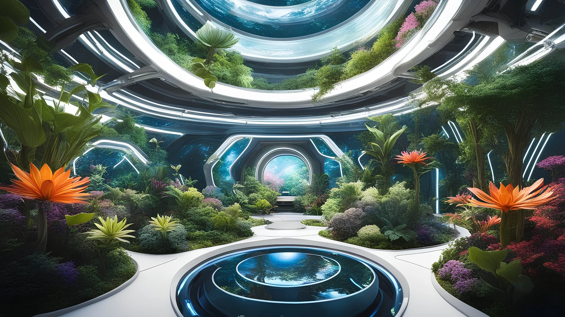 A futuristic botanical garden on a space station, where plants from different planets grow in zero gravity, their leaves and flowers displaying colors and patterns never seen on Earth