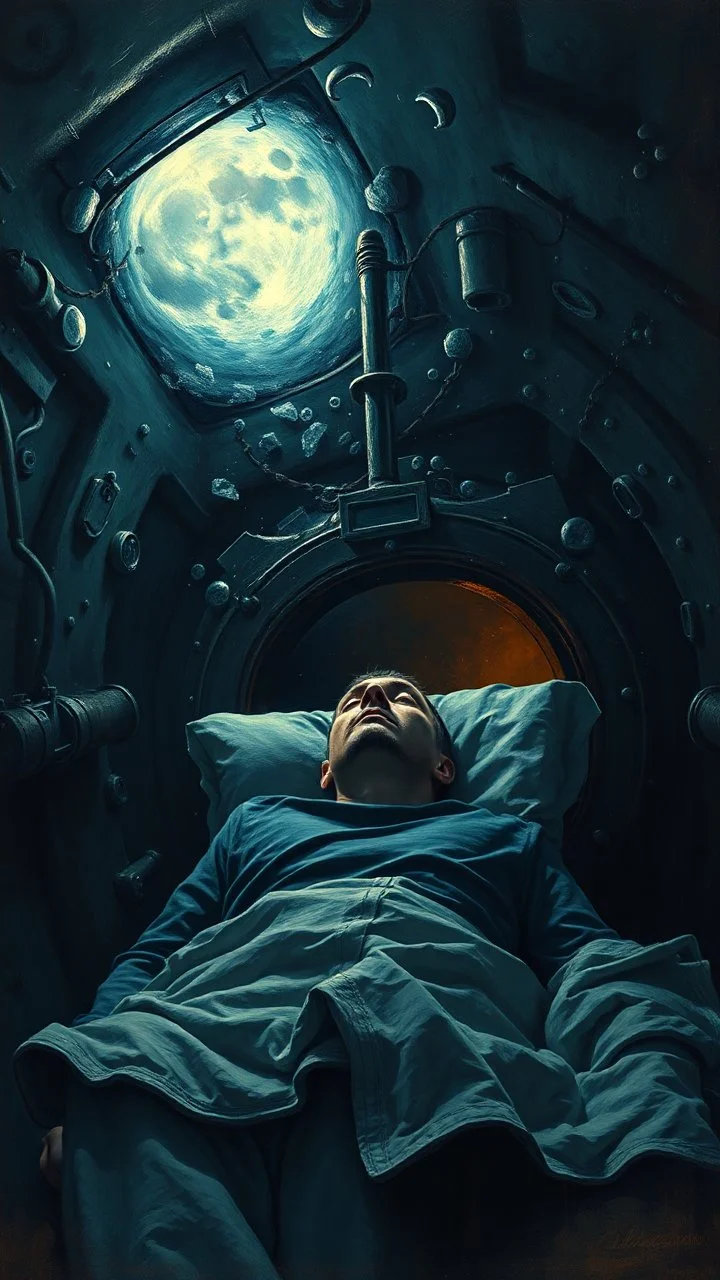 Man spends a sleepless night inside a dark submarine , paint it in the baroque style, as if the man is horrified