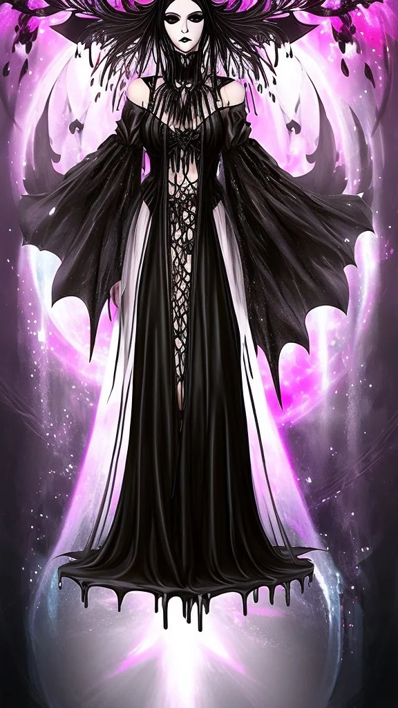 Full body and headshot of a young gothic woman dressed in clothing dripping like liquid, with no hat, with a multiverse background