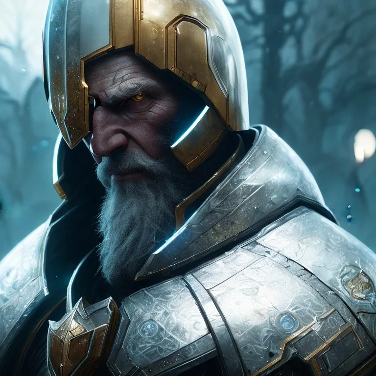 Epic Character design, strong Male void soldier wearing metal armor silver/black/dark gold, mist, photorealistic, octane render, unreal engine 5 style, ultra detailed, volumetric lighting, Organic Horror, old man with helmet scarred face with beard, far view