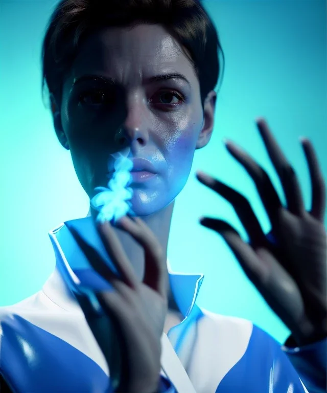 Ultra Realistic image, photo studio, medium shot view, a woman making the fuck off gesture with his hand, blue smoke coming out of his nose and mouth, happy. Latex inflatable coat, soft color, highly detailed, unreal engine 5, ray tracing, RTX, lumen lighting, ultra detail, volumetric lighting, finely drawn, high definition, high resolution.